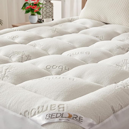 BEDLORE Twin Mattress Topper Viscose Derived from Bamboo, Thick Pillow Top Mattress Pad with Stretchable Pockets for 6-15 inches Mattress, Soft Breathable Mattress Topper for Back Pain Relief