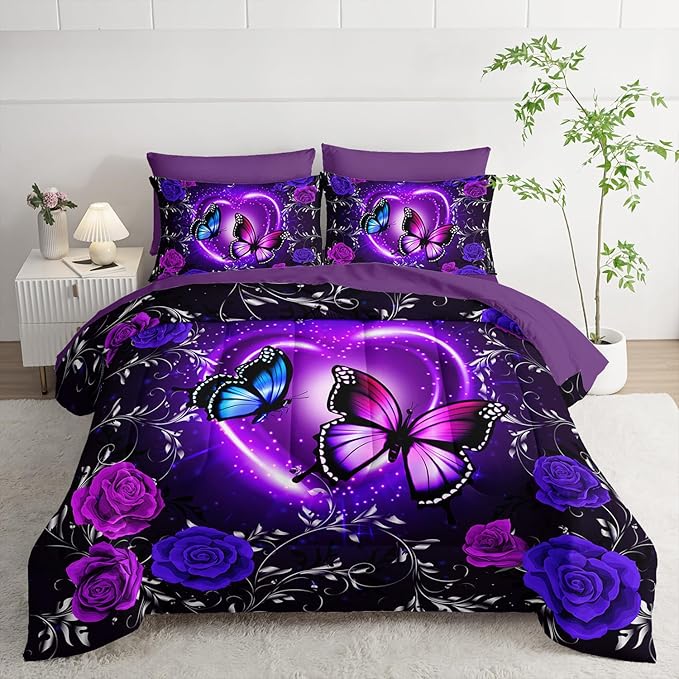 Purple Butterfly Comforter Set 7 Piece King Size Bed in A Bag,Dreamy Butterfly Bedding for Girls Room Decor,Soft Microfiber Comforter with Fitted Sheet,Flat Sheet, Pillowcases & Shams