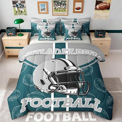 Feelyou Football Comforter Set with Sheets 7 Piece King Size Ball Games Bedding Set for Kids Boys Girls Rugby Bed in a Bag City of Footballs Room Decor Rugby Sports