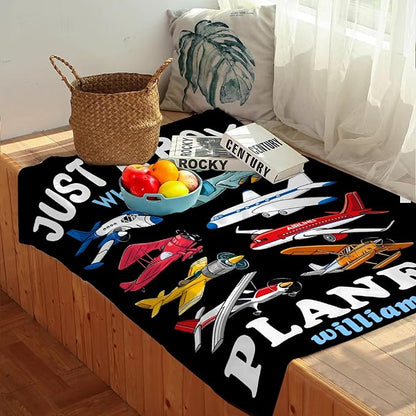 Custom Airplane Blanket for Boys Kids Child Toddler Just A Boy Who Loves Planes Blanket Warm Plush Fleece Planes Throw for Bed Sofa Office Decor Custom Airplane Gifts Ideas 90"x120"-XL
