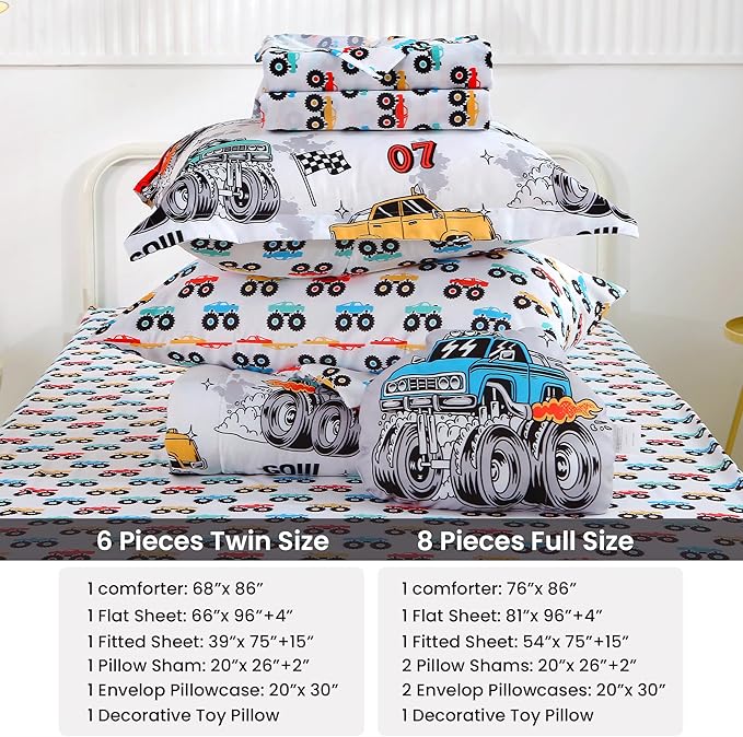 Mooreeke Full Size Comforter Sets for Boys Kids, 8 Pieces Bed in a Bag Monster Truck Bedding Comforter Sheet Set with Shams and Decorative Toy Pillow, Ultral Soft Microfiber Kids Bed Set