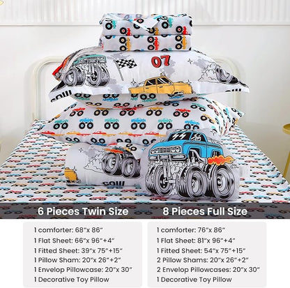 Mooreeke Twin Size Comforter Sets for Boys Kids, 6 Pieces Bed in a Bag Monster Truck Bedding Comforter Sheet Set with Shams and Decorative Toy Pillow, Ultral Soft Microfiber Kids Bed Set