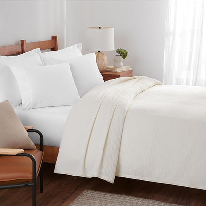 Arkwright Basket Weave Queen Blanket - 100% Ringspun Cotton All Season Blankets, Luxury Hotel Quality, Soft on Skin, Breathable, 300 GSM for Bed, Sofa, and Chair, 90 X 90 in, Ivory