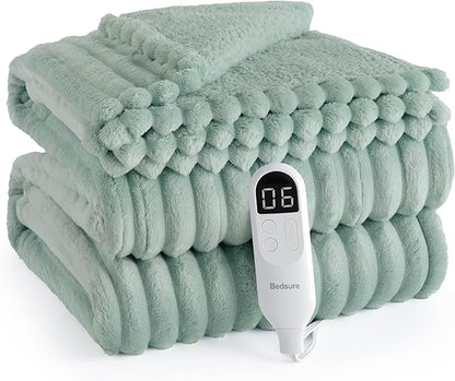 Bedsure Electric Blanket Full Size - Thick Striped Flannel Heated Blanket with 6 Heat Settings, 10 Time Settings, 8-Hour Timer Auto Shut Off, Gifts for Grandma (72x84 inches, Green)