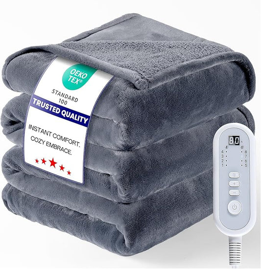 Electric Blanket Heated Twin Size-62" x 84" Heated Blanket with 8 Heat Levels & 10 Hours Auto Off, Fast Heating Flannel Blankets Machine Washable with ETL & FCC Certified, Light Grey