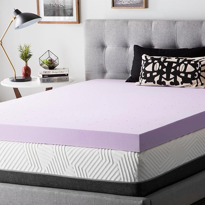 Lucid 4 Inch Lavender Memory Foam Mattress Topper, King Size – Essential Oil Infusion – Ultra Plush Feel, Pressure-Relieving Bed Topper – Ventilated and Breathable – CertiPur Certified