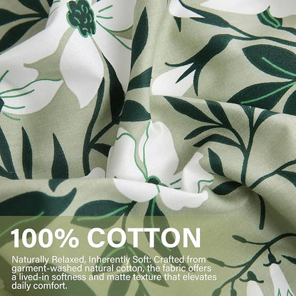 Green Floral Duvet Cover King 100% Cotton Decorative Emerald Duvet Cover 3 Pcs Set Dark Green Botanical Duvet Cover with Zipper Ties 2 Pillowcases Tropical Floral Bedding