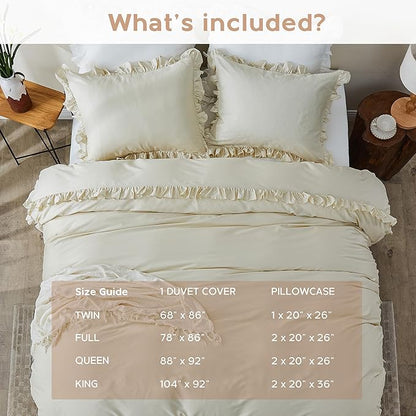 Simple&Opulence Kids 100% Organic Cotton Full Duvet Cover Ruffle 3Pcs(1 Comforter Cover 2 Pillowcases) Cute Lace Vintage Boho Shabby Chic Farmhouse Bedding Set Teen Girls(Beige, Full)