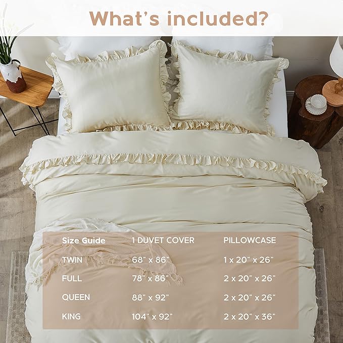 Simple&Opulence Kids 100% Organic Cotton Twin Duvet Cover Ruffle 2Pcs(1 Comforter Cover 1 Pillowcase) Cute Lace Vintage Boho Shabby Chic Farmhouse Bedding Set Teen Girls(Beige, Twin)