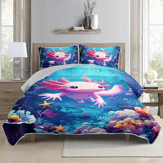 AILONEN Cartoon Axolotl Quilt Set Twin Size,Underwater World Ocean Animal Bedspread Coverlet,3Pcs Pink Axolotl Printed Kawaii Quilt & 2 Pillowcases,Soft Lightweight