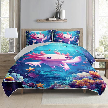 AILONEN Cartoon Axolotl Quilt Set Twin Size,Underwater World Ocean Animal Bedspread Coverlet,3Pcs Pink Axolotl Printed Kawaii Quilt & 2 Pillowcases,Soft Lightweight