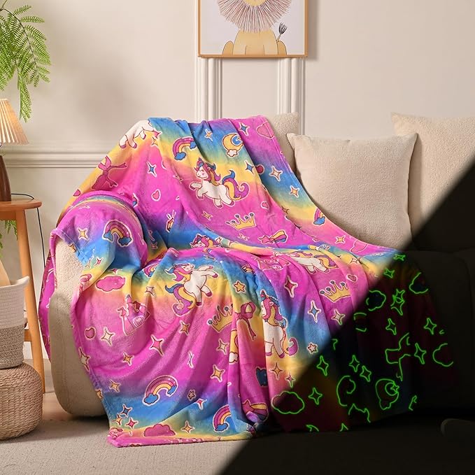 Lotus Karen Unicorn Glow in The Dark Blanket Unicorn Toys Girl Gifts for 1 2 3 4 5 6 7 8 9 10 11 12 Year Old Kids Blanket with Stars Cloud Crown Bow Birthday Halloween Room Decor（Rainbow 50"×60"