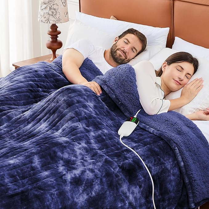 greenoak Heated Electric Blanket Throw, Faux Fur Sherpa Heating Blanket for Sofa Bed, Warm Winter Gifts for Dad/Grandma, Heater Lap Blankets 5-Position Timer &10 Heating Levels 72''*84" Cobalt