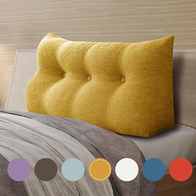 Wedge Headboard Pillow Dorm Room Reading Pillow Back Support for Sitting Up in Bed Bolster Lumbar Cushion Body Positioning Bedrest Cotton Linen 39in Yellow Twin