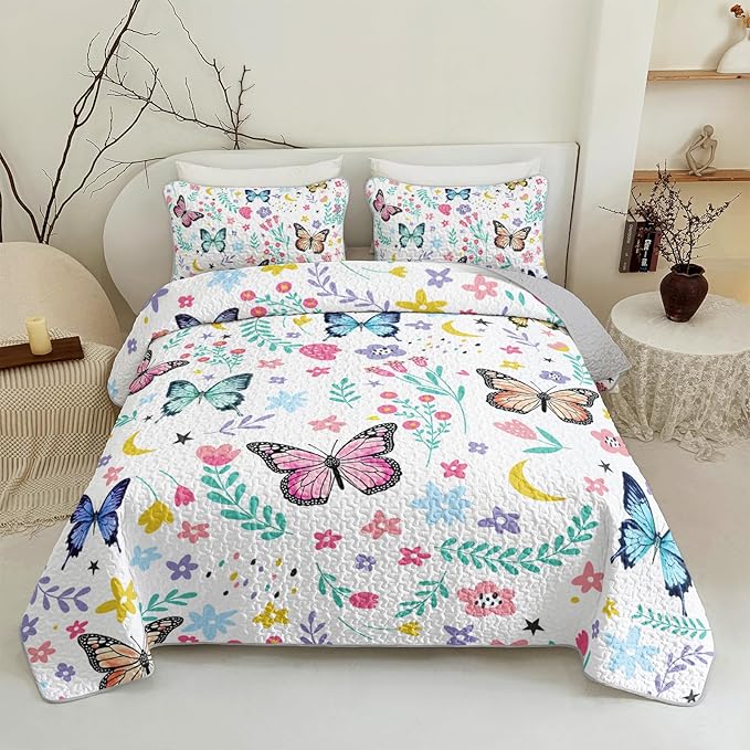 QOOMO Floral Butterfly Quilt Set King Size,Butterflies Bedspread Coverlet Set,Flower 3Pcs Bedding Set Printed Quilt with 2 Pillowcases,Soft and Lightweight,for All Seasons