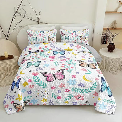 QOOMO Floral Butterfly Quilt Set Full/Queen Size,Butterflies Bedspread Coverlet Set,Flower 3Pcs Bedding Set Printed Quilt with 2 Pillowcases,Soft and Lightweight,for All Seasons