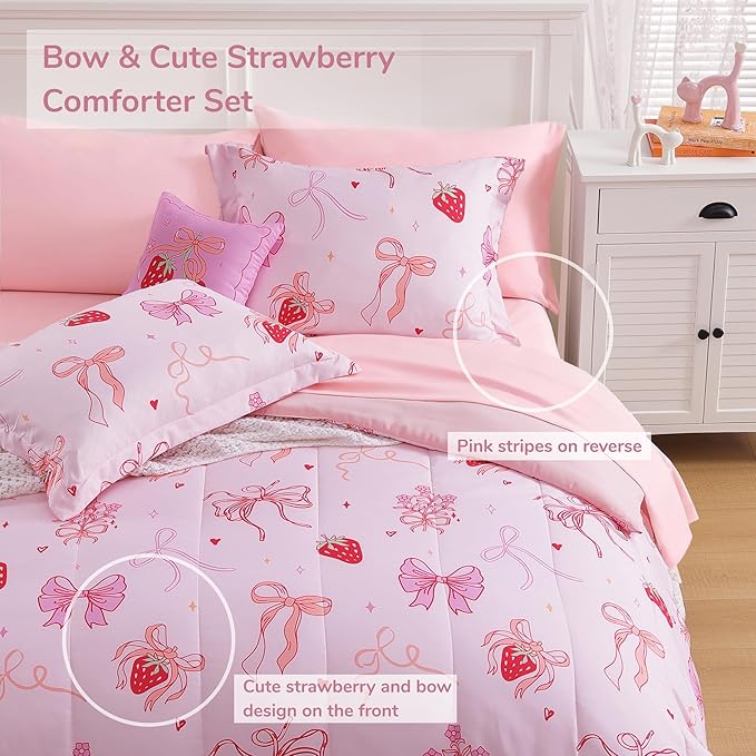 Full Size Comforter Set for Girls - 4 Pieces Pink Bow Full Bedding Sets for Kids,1 Comforter, 2 Shams and 1 Decor Pillow
