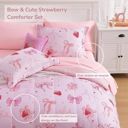 Full Size Comforter Set for Girls - 4 Pieces Pink Bow Full Bedding Sets for Kids,1 Comforter, 2 Shams and 1 Decor Pillow