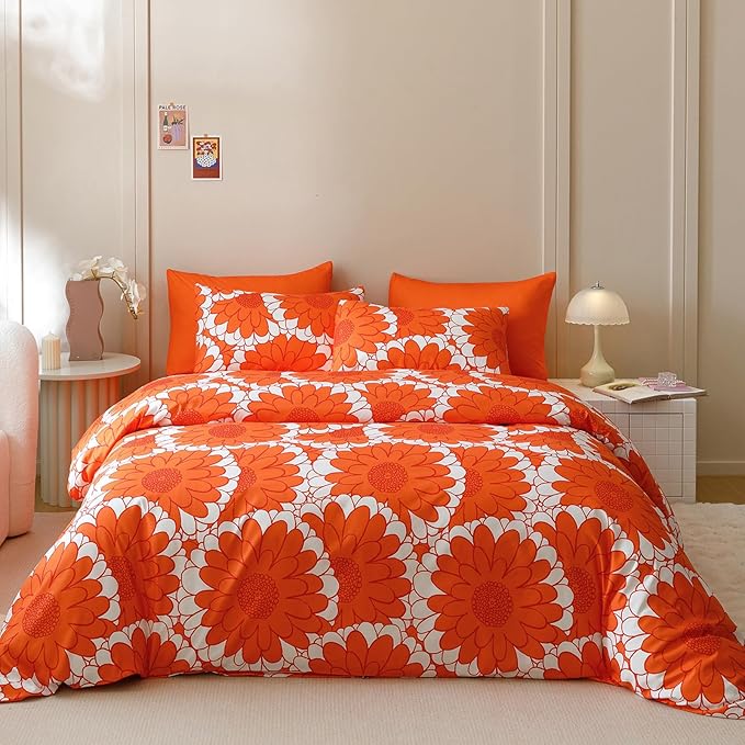 Wellboo Red Sunflower Comforter Sets Cal King Boho Orange Floral Bedding Set California King Women Girls White and Red Botanical Quilt Summer Floral Comforter Flower Plant Blankets Garden Bohemian Bed