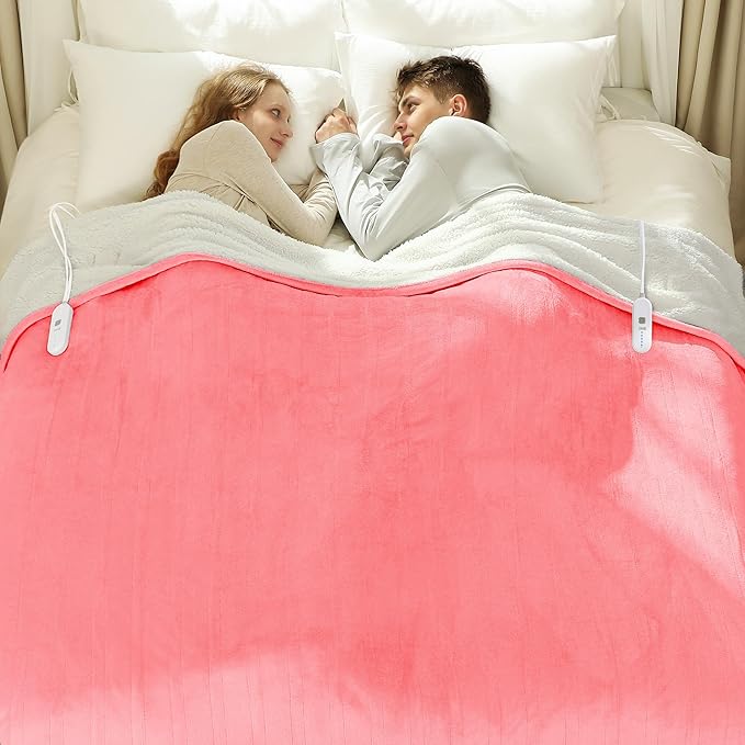 Queen Heated Blanket 84" x 90" - Flannel Sherpa Electric Blanket Queen Size with Dual Control, 5 Heating Levels & 10 Hours Auto Off, Heating Blanket with Overheat Protection for Home(Pink)