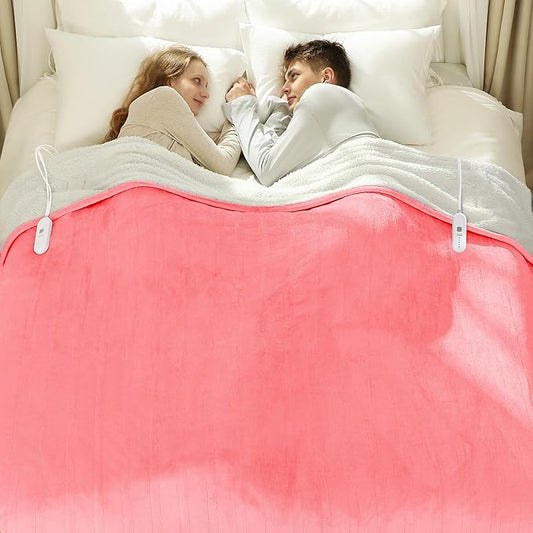 Queen Heated Blanket 84" x 90" - Flannel Sherpa Electric Blanket Queen Size with Dual Control, 5 Heating Levels & 10 Hours Auto Off, Heating Blanket with Overheat Protection for Home(Pink)