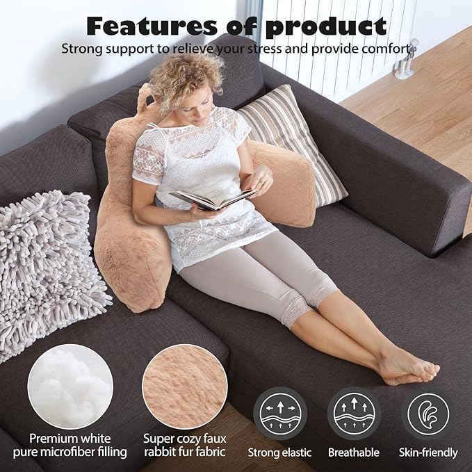 Reading Pillow for Sitting in Bed Adult, Standard Reading Pillow with Memory Foam, Back Pillow for Bed Sitting Up with Extend Arms, Camel