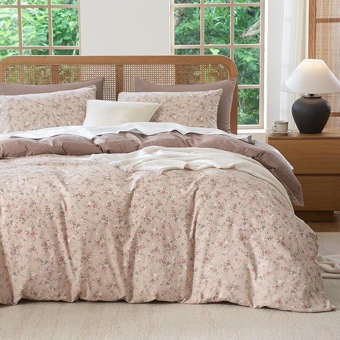 Jane yre King Duvet Cover Floral Soft Brushed Microfiber Crinkle Gauze 3 Pieces Floral Bedding Set Garden Style Vintage Flower King Duvet Cover, with Zipper Closure Luxury Breathable Comfy