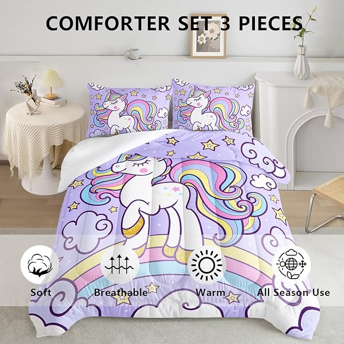 Axolotl Rainbow Unicorn Bedding Set Queen,Purple Unicorn Kids Comforter Sets with Stars Cloud for Girls,1 Quilt with 2 Pillowcases for Girls Kids Teens Children Adults Bedroom Decor All Season