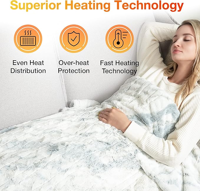 WOOMER Heated Blanket Throw 50" x 60", Electric Blanket Throw with 4 Heating Levels & 4H Auto Off, ETL Certified, Marble Blue Double-Sided Faux Fur, Over-Heat Protect, Machine Washable