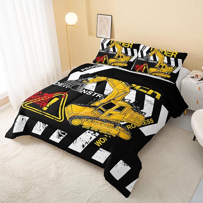 QOOMO Excavator Comforter King Size,Construction Truck Comforter Set for Kids Teens Boys Girls,3Pcs Bedding Set Printed Comforter with 2 Pillowcases,Soft and Lightweight(Black，King Size)