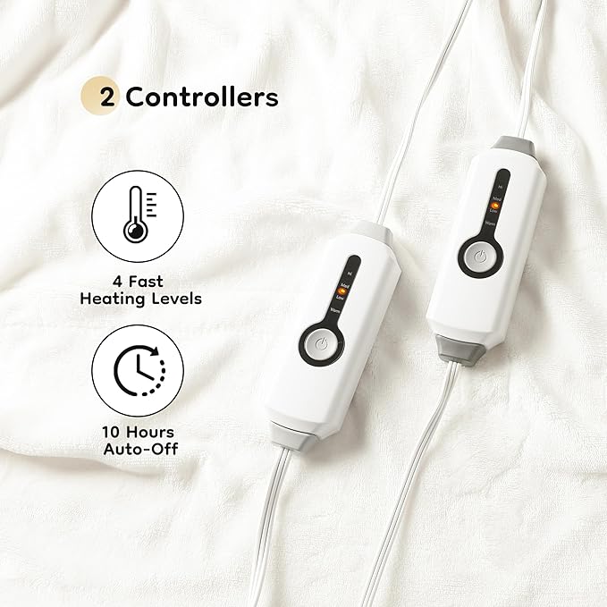 Electric Heated Blanket 84" x 90" Queen Size with Dual Control Warm Flannel Heated Blanket with 4 Heating Levels & 10 Hours Auto-Off, Fast Heating, Machine Washable, for Bedding -White