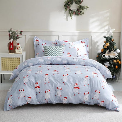 JSD Blue Snowman Kids Christmas Duvet Cover Set Full Size, 3 Piece Printed Microfiber Comforter Cover with Pillow Shams Zipper Closure, Comforter Not Included