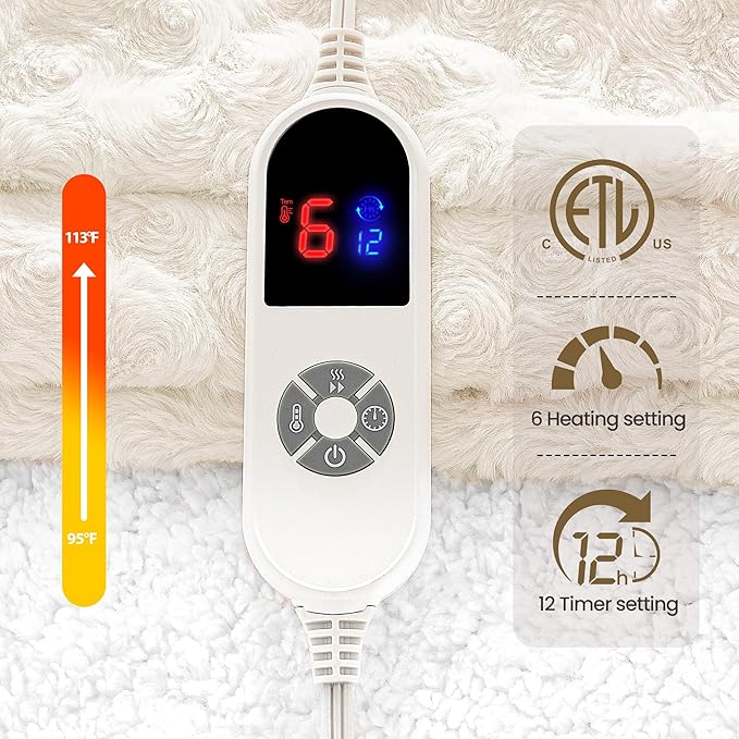 MAXEVE Heated Blanket Electric Twin Size 62"x84" Faux Rabbit Fur Sherpa Blankets with 6 Heating Sets & 12 Hours Auto Off, Warm Gifts for Grandma Wife, ETL Certification