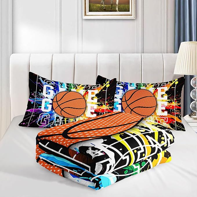 Cartoon Basketball Printed Comforter Set Ball Sports Bedding Set with 1 Comforter and 2 Pillowcases for Boys and Girls Bedroom All Season(Basketball-2 Queen)