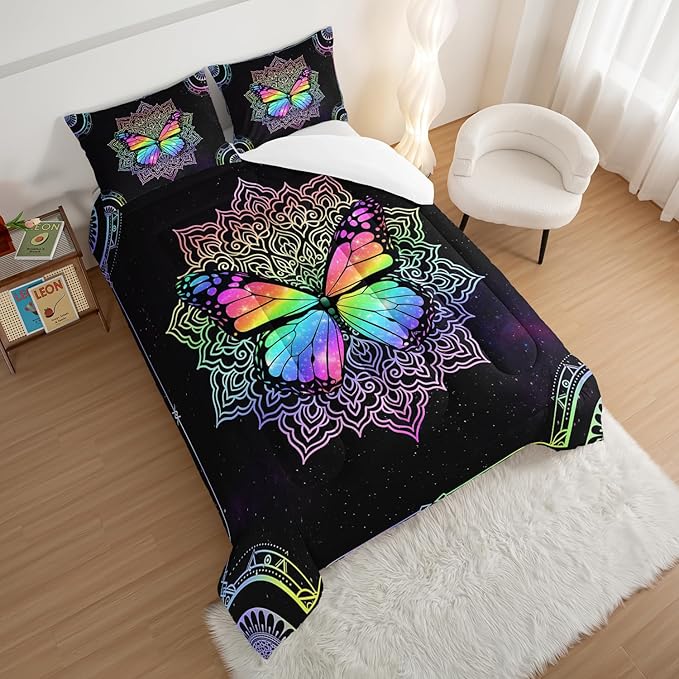 HOSIMA Butterfly Bedding for Girls,Mandala Bed in a Bag Queen Comforter Set - Colorful Butterfly Design,Galaxy Bedding Set for Beds,Microfiber Star Comforter with 2 Pillowcases,Dorm Room Essentials.