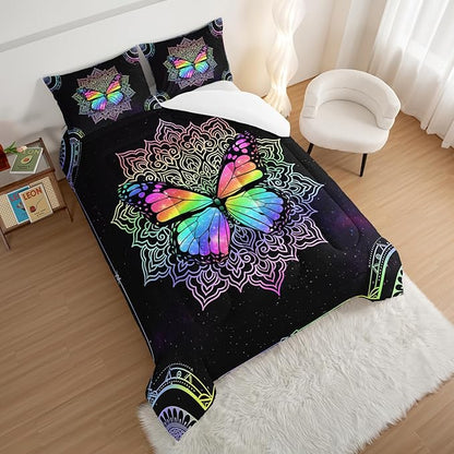 HOSIMA Butterfly Bedding for Girls,Mandala Full Size Bed in a Bag - Colorful Butterfly Design,Galaxy Bedding Set for Beds,Microfiber Star Comforter with 2 Pillowcases,Dorm Room Essentials.