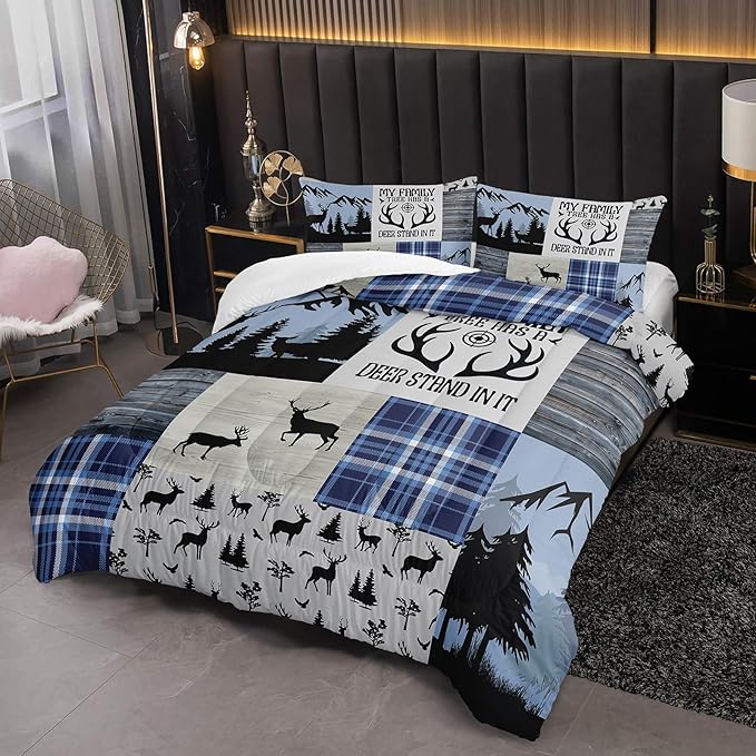 Snowy Forest Deer Comforter Set Full Size, 3-Piece Blue Vintage Animal Plaid Bedding Set for Kids Adults Bedroom, Hunting Wildlife Deer Tree Bedding Set with 2 Pillowcases & 2 Shams