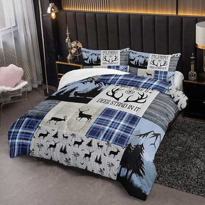 Snowy Forest Deer Comforter Set Queen Size, 3-Piece Blue Vintage Animal Plaid Bedding Set for Kids Adults Bedroom, Hunting Wildlife Deer Tree Bedding Set with 2 Pillowcases & 2 Shams