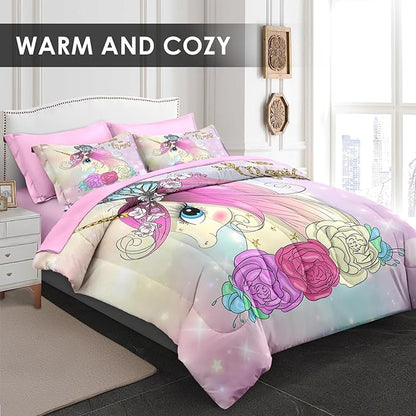 Full Size Comforter Set with 2 Pillowcases & 2 Shams, Cute Unicorn Butterfly 7 Pcs Bedding for Kids and Teens, Princess Flower Horse Bed in a Bag with Flat Fitted Sheet