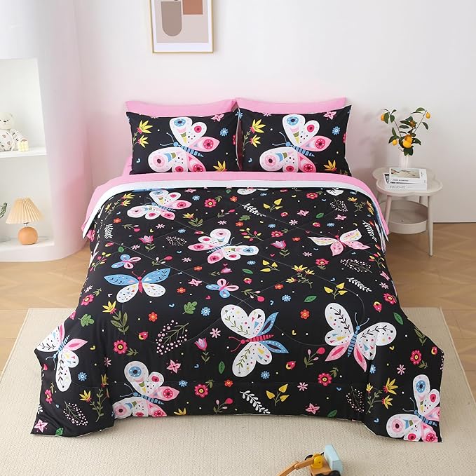 Girls Butterfly Comforter Set Queen Size Black 7 Piece Bed in A Bag Colorful Flowers Leaves Bedding Set for Kids Teens Adults Super Soft All Season