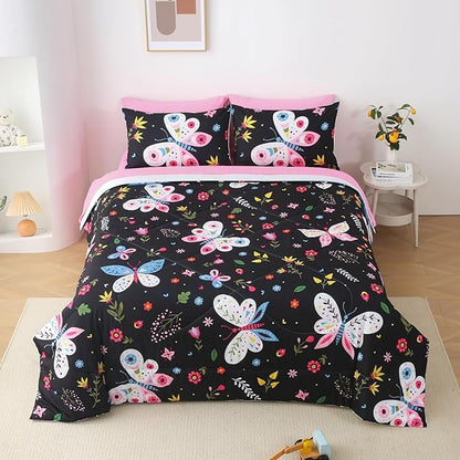 Girls Butterfly Comforter Set Queen Size Black 7 Piece Bed in A Bag Colorful Flowers Leaves Bedding Set for Kids Teens Adults Super Soft All Season