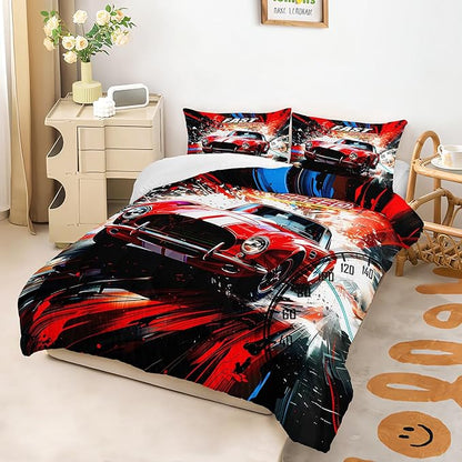Red Racing Car Themed Comforter 3Pcs Full Cool Speed Sports Car Fast and Furious Bedding Set for Kid Teen Girl Boy Adult Extreme Sport Game Quilt Bed Decor with 1 Comforter and 2 Pillowcases