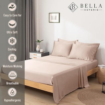 Bella Coterie 6 Piece Luxury Bamboo Viscose Queen Size Sheet Set | 100% Organically Grown | Cooling for Hot Sleepers | 18" Deep Pocket | Soft & Hypoallergenic | 4 Pillowcases [Dusty Rose]