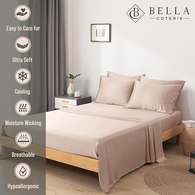Bella Coterie 6 Piece Luxury Bamboo Viscose King Size Sheet Set | 100% Organically Grown | Cooling for Hot Sleepers | 18" Deep Pocket | Soft & Hypoallergenic | 4 Pillowcases [Dusty Rose]