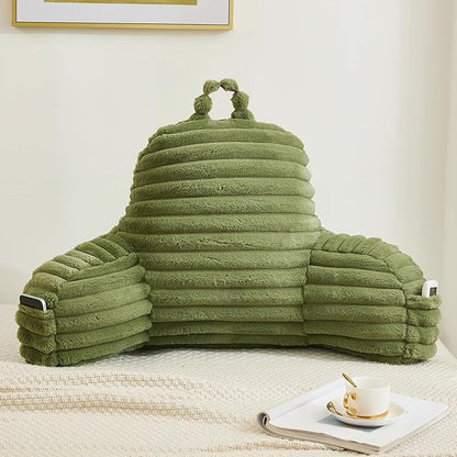 Faux Fur Fluffy Sage Reading Pillow with Pockets, Luxury Striped Plush Decorative, Arm Rests and Back Support for Bed Rest, Lounging on Sofa, Extra Large Size for Adult.