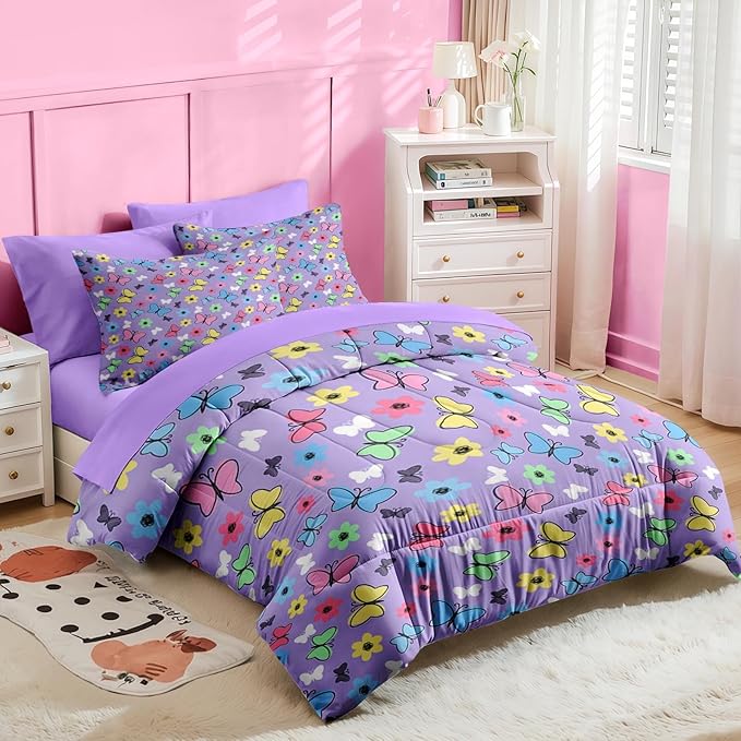 Nesker 7 Pcs Comforter Set Queen Size, Colorful Butterfly Bedding for Kids Teen, Cute Cartoon Flowers with Fitted Sheet 2 Pillowcases & 2 Shams for Bedroom Bed Decor