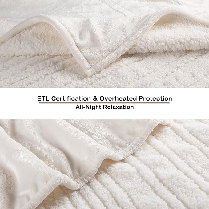 Electric Heated Blanket Queen Size - 84"x90", Soft Flannel Heating Blanket, 10 Heating Levels, 1-12 H Auto Shut Off, Dual Controllers, Breathable Warm and Washable for Bed, White