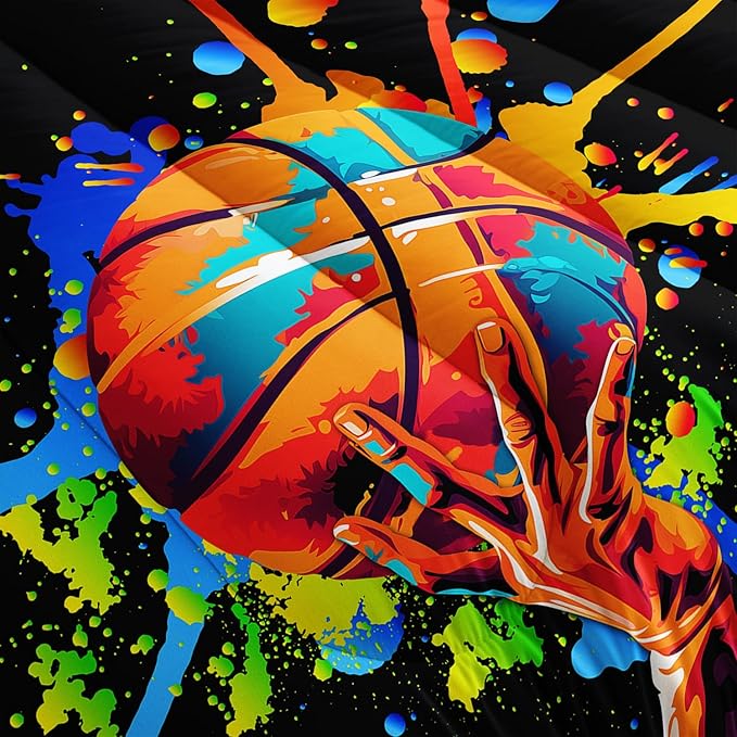 Black Basketball Comforter Set Full Size,Watercolor Tie-dye Comforter Color Graffiti Hip Hop Style Full Bed Set,Ball Sports Games Bedding Set for Teens Kids Bedroom Decor with 2 Pillowcases.