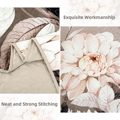 Drucon Floral Quilt Queen Size - 3 Pieces Brown Quilt Botanical Bedspread Soft Lightweight Flower Bedding Set for All Season (96"x90")