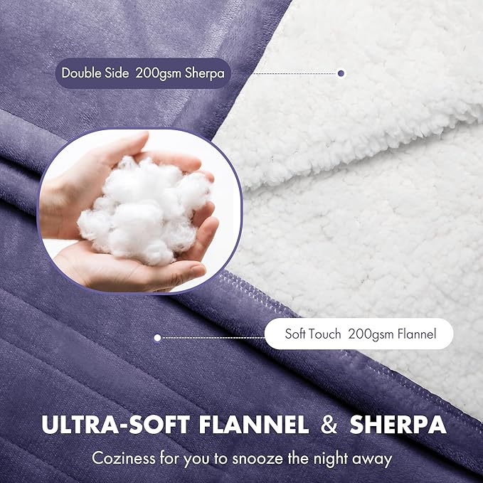 Heated Blanket Throw 50" x 60" - Soft Flannel Sherpa Electric Blanket Throw with 5 Heating Levels & 4 Hours Auto Off, Machine Washable, Ideal Gift for Grandma (Purple)
